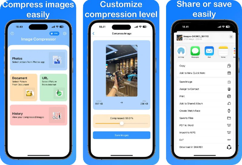 🧭 #应用限免 📂 软件名称：Image Compressor 🍏 支持平台：#iOS 15.0+ 📊 软件价格：内购限免 🪟 软件简介：一款简洁高效的图片压缩工具，支持从相册、文档或URL选择图片，批量压缩、设定压缩比例，压缩后预览并可直接保存或分享