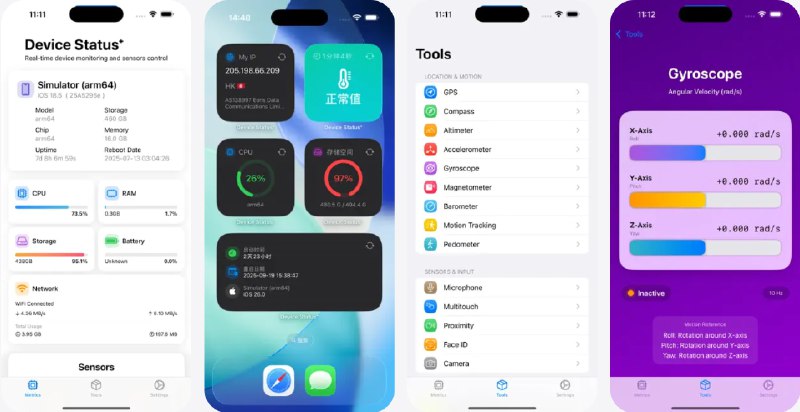 🧭 #应用限免 📂 软件名称：Device Status⁺ 🍏 支持平台：#iOS 17.0+ 📊 软件价格：内购限免 🪟 软件简介：一款设备状态监控与管理工具，能够快速直观地查看设备的各类关键硬件信息