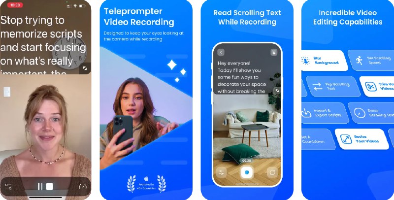 🧭 #应用限免 📂 软件名称：Teleprompter Video Recording 🍏 支持平台：#iOS 15.0+ 📊 软件价格：内购限免 🪟 软件简介：一款将你的设备变成专业提词器的应用，适用于视频内容创作者、商务演示及想要提升镜头表现力的个人