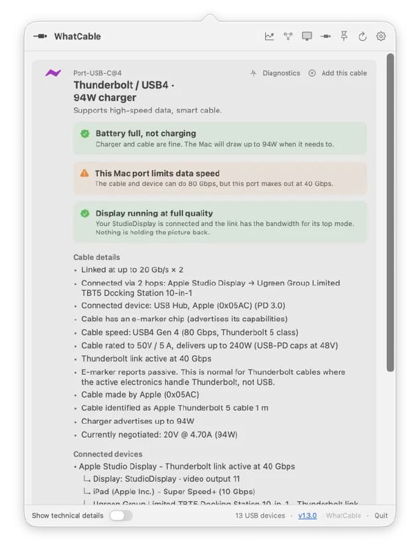 🧭 #优质应用 📂 软件名称：WhatCable 🍏 支持平台：#macOS  📊 软件价格：免费 🪟 软件简介：一款能够以通俗易懂的语言显示插入 Mac 的每个 USB-C 线缆的实际功能的工具，包括充电功率、数据传输速度、显示支持、Thunderbolt 等