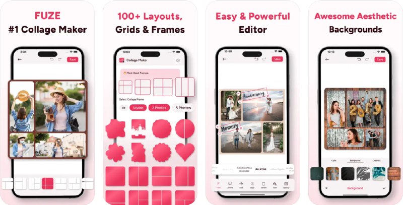 🧭 #应用限免 📂 软件名称：Collage Maker & Editor - Fuze 🍏 支持平台：#iOS 15.0+ 📊 软件价格：内购限免 🪟 软件简介：一款图片编辑器应用，支持将不同图片按照不同的预设图形拼贴，您还可以为您的图片应用各种滤镜、表情包贴纸，方便您快速出片并分享到朋友圈