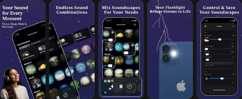 🧭 #应用限免 📂 软件名称：Soundscaper 🍏 支持平台：#iOS 26.0+ 📊 软件价格：内购限免 🪟 软件简介：一款个性化音景创建工具，提供超过80种高品质声音，涵盖自然、水流、天气、风声、白噪音、乐器、动物等类别，可自由混合搭配并调节每种声音的音量、重复频率和间隔，打造适合睡眠、专注、冥想、瑜伽或放松的专属音景