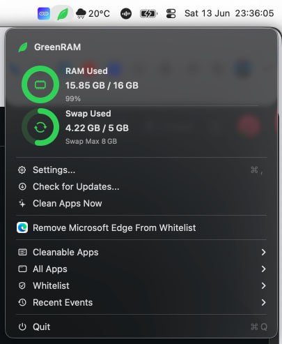🧭 #优质应用 📂 软件名称：GreenRAM 🍏 支持平台：#macOS  📊 软件价格：免费 🪟 软件简介：一款 macOS 菜单栏应用程序，用于监控系统内存并在 RAM 或交换空间超过设定阈值时自动关闭安全的后台应用程序