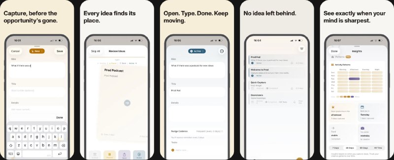🧭 #应用限免 📂 软件名称：Prod-灵感捕捉与追踪 🍏 支持平台：#iOS 26.0+ 📊 软件价格：内购限免 🪟 软件简介：一款专注灵感捕捉的效率工具，能在数秒内记录想法，可通过滑动快速将想法标记为活跃、暂停或归档，还能追踪你的创意习惯和最佳时段，帮助你把转瞬即逝的灵感留存下来