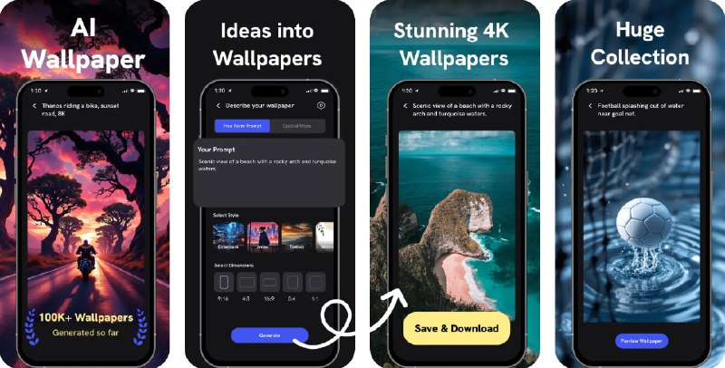 🧭 #应用限免 📂 软件名称：4K Wallpapers Generator AI 🍏 支持平台：#iOS 16.4+ 📊 软件价格：内购限免（点击主页中间的100%OFF） 🪟 软件简介：一款由 AI 驱动的壁纸生成与探索器