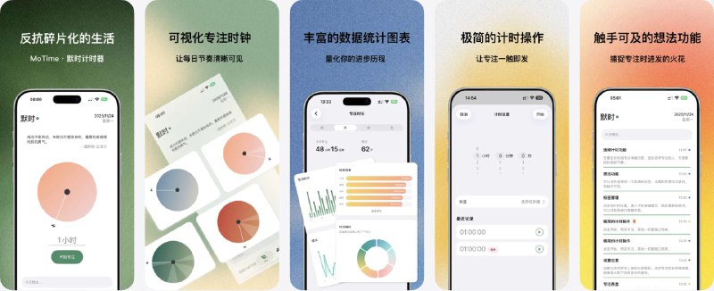 🧭 #应用限免 📂 软件名称：默时 MoTime 🍏 支持平台：#iOS 18.0+ 📊 软件价格：￥8.00 -> ¥0.00 🪟 软件简介：一款极简专注计时器，将番茄工作法与一万小时定律结合，提供可视化专注时钟、极简计时操作、随手记录灵感想法的功能，并通过数据统计图表、志向页与自定义标签体系，帮助量化专注进度、追踪长期目标