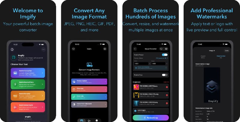 🧭 #应用限免 📂 软件名称：Imgify: Batch Image Converter 🍏 支持平台：#iOS 17.6+ 📊 软件价格：￥22.00 -> ¥0.00 🪟 软件简介：一款图像转换与水印工具，支持超11种图片格式批量转换