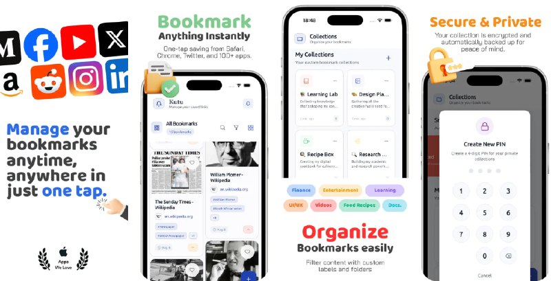 🧭 #应用限免 📂 软件名称：Kutu: Bookmark Manager 🍏 支持平台：#iOS 14.0+ 📊 软件价格：内购限免 🪟 软件简介：一款智能书签管理工具，支持一键从任何浏览器或应用保存链接，自动使用高级算法分类网站并创建智能收藏集
