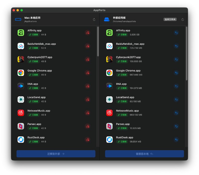 🧭 #优质应用 📂 软件名称：AppPorts 🍏 支持平台：#macOS  📊 软件价格：免费 🪟 软件简介：一款用于将大型应用程序无缝迁移到外部存储设备（如SSD、SD卡或NAS），从而释放本地磁盘空间的开源项目