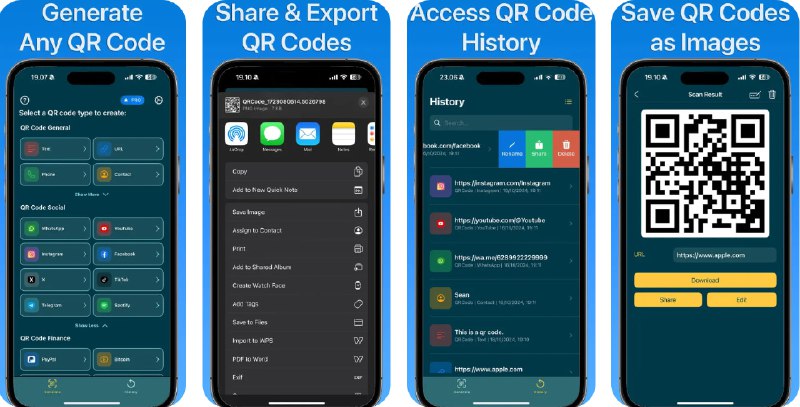 🧭 #应用限免 📂 软件名称：二维码制作器 - 生成器 🍏 支持平台：#iOS 16.6+ 📊 软件价格：内购限免 🪟 软件简介：多用途二维码生成器，支持为文本、网址、电话、联系人、短信、邮件、Wi‑Fi、位置、日历事件等创建二维码；亦可生成社交平台（WhatsApp、YouTube、Instagram、Facebook、X、TikTok、Telegram、Spotify）及金融支付/加密资产（PayPal、Bitcoin、Ethereum、USDT、USDC）二维码