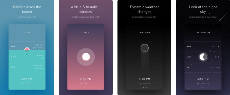 🧭 #应用限免 📂 软件名称：Marline 🍏 支持平台：#iOS 10.3+ 📊 软件价格：¥6.00 -> ¥0.00 🪟 软件简介：一个天气应用，可以提供小时天气预报，7天天气预报，实时潮汐，月历，日出和日落时间，动态天气和海洋变化，以及天气和潮汐表的摘要信息，还可以接受日食、流星雨等天文现象通知