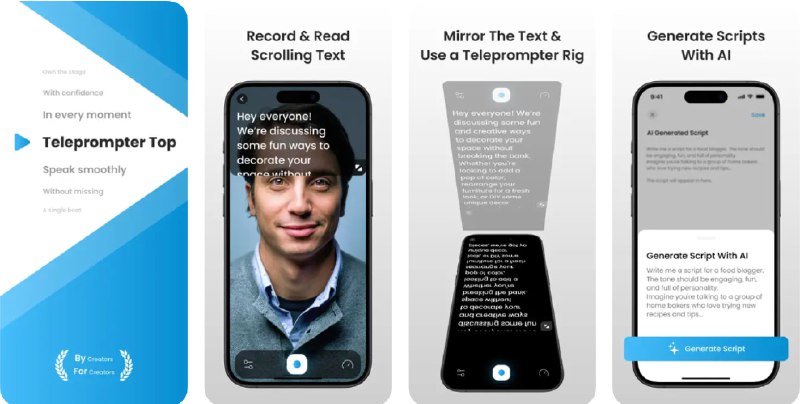 🧭 #应用限免 📂 软件名称：Teleprompter Top Script Reader 🍏 支持平台：#iOS 15.0+ 📊 软件价格：内购限免 🪟 软件简介：一款专业的提词器应用，它帮助您轻松自信地呈现内容，减少尴尬的停顿和眼神游移