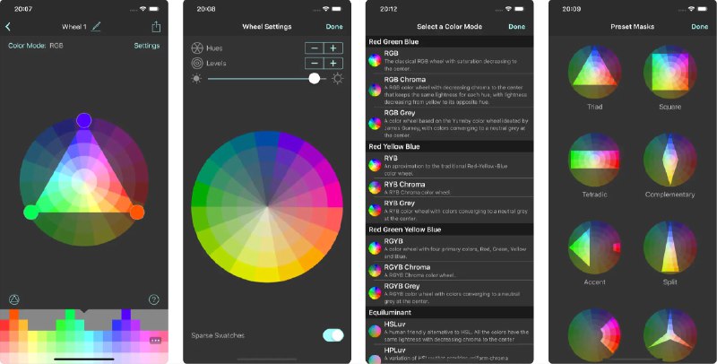 🧭 #应用限免 📂 软件名称：WheelMasks 🍏 支持平台：#iOS 16.0+ 📊 软件价格：内购限免 🪟 软件简介：一款用于绘画和插图的实用工具，可用于创建和生成各类调色方案