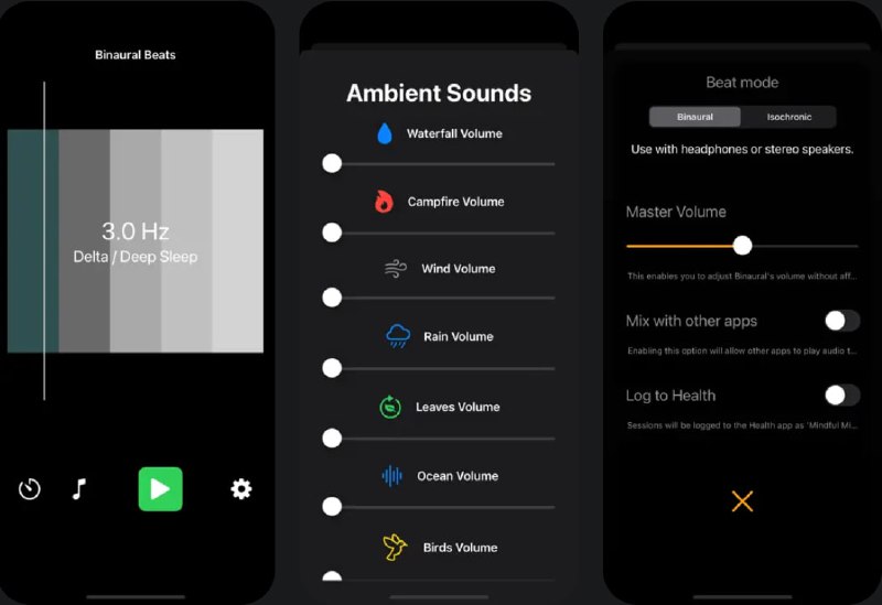 🧭 #应用限免 📂 软件名称：Binaural Beats: Wave Sound Zen 🍏 支持平台：#iOS 16.0+ 📊 软件价格：内购限免 🪟 软件简介：一款白噪音应用，通过声音的力量提升您的专注和睡眠质量