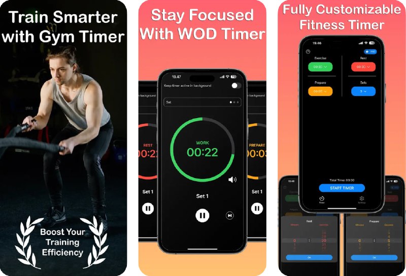 🧭 #应用限免 📂 软件名称：Gym Timer 🍏 支持平台：#iOS 15.0+ 📊 软件价格：内购限免（魔法上网） 🪟 软件简介：一款为健身用户设计的智能计时器应用，为你的训练计划带来高效与专注
