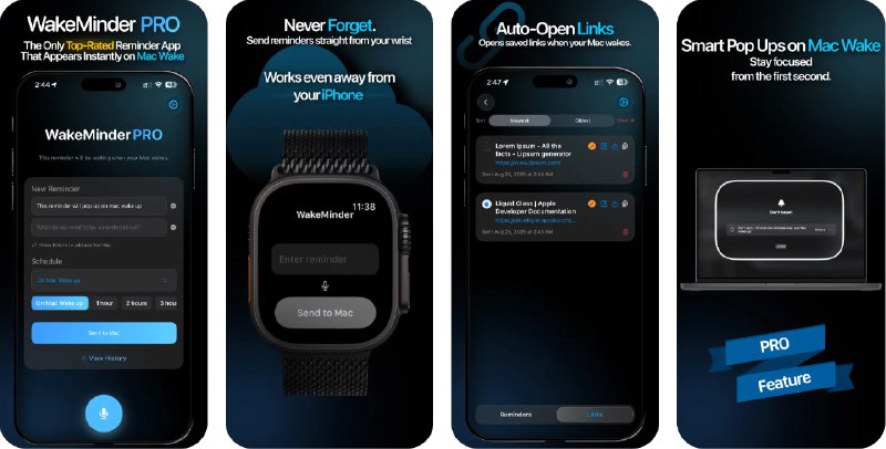 🧭 #应用限免 📂 软件名称：WakeMinder 🍏 支持平台：#iOS 16.6+ #macOS 13.5+ 📊 软件价格：内购限免 🪟 软件简介：一款让待办提醒应用，支持自定义日期与时间，并通过 iCloud 在 iPhone、Apple Watch 与 Mac 间同步；Apple Watch 端可随时语音口述添加提醒；提供提醒历史查看、编辑与改期，适合专业人士、创作者或需要专注管理的用户