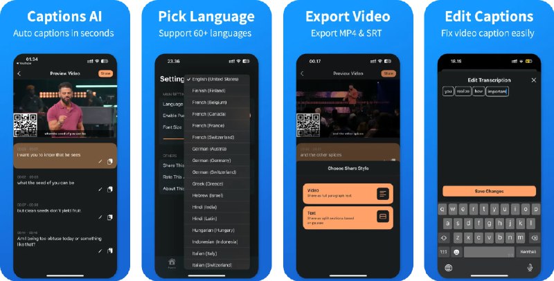 🧭 #应用限免 📂 软件名称：Captions AI 🍏 支持平台：#iOS 16.0+ 📊 软件价格：内购限免 🪟 软件简介：一键为视频自动生成专业字幕，支持从照片、文件或URL导入视频，可点按逐句快速编辑，支持导出烧录硬字幕的视频，或以.srt/纯文本/.txt 格式单独导出字幕，并且内置历史记录便于回溯与复用