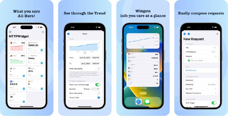 🧭 #优质应用 📂 软件名称：HTTPWidget 🍏 支持平台：#iOS 15.0+ 📊 软件价格：免费 🪟 软件简介：一款支持自定义HTTP(S)请求的实用开发辅助工具，不仅适用于开发者，任何了解HTTP基础的用户都能轻松上手