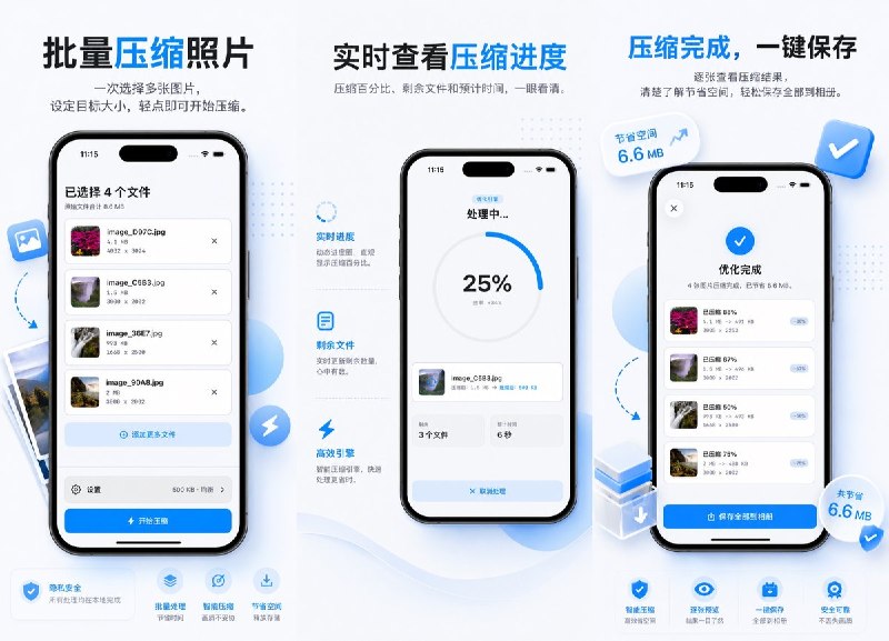 🧭 #应用限免 📂 软件名称：轻图 PicZip - 图片压缩与尺寸调整 🍏 支持平台：#iOS 15.6+ 📊 软件价格：￥8.00 -> ¥0.00 🪟 软件简介：一款简洁高效的图片压缩与尺寸调整工具，支持按目标大小（KB/MB）压缩、自定义宽高缩放、单张或批量处理，处理完成后可批量导出到相册