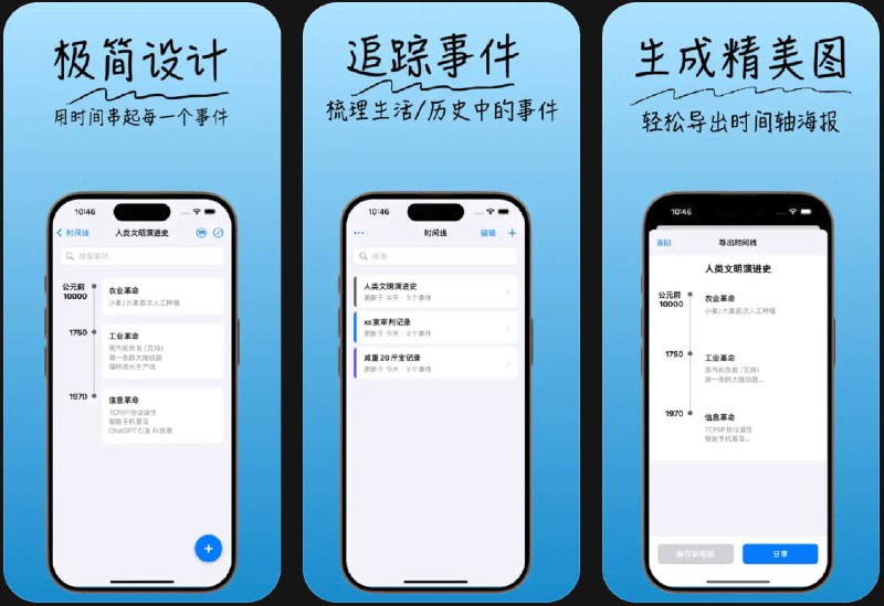 🧭 #应用限免 📂 软件名称：时间成线 🍏 支持平台：#iOS 16.0+ 📊 软件价格：内购限免 🪟 软件简介：一款通过时间线整理和展现事件的工具，帮助记录和梳理生活、历史、工作中的事件，生成精美时间线图片分享给朋友