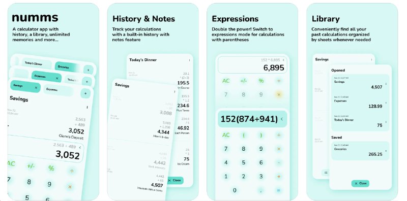 🧭 #优质应用 📂 软件名称：Numms 🍏 支持平台：#iOS 12.0+ 📊 软件价格：免费 🪟 软件简介：一款带有历史记录、笔记、深色模式的计算器应用