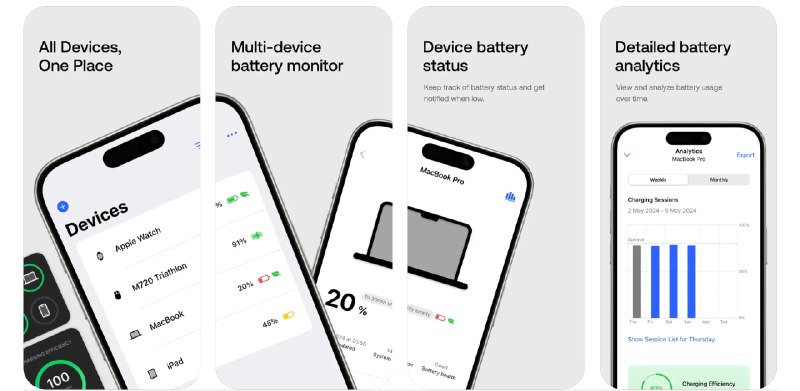🧭 #应用限免 📂 软件名称：Battery Life Monitor: Drainn 🍏 支持平台：#iOS 17.0+ 📊 软件价格：内购限免(可能需要关闭代理才能出现按钮) 🪟 软件简介：一款专为Apple设备和蓝牙设备设计的电池管理应用，让您可以随时监控和管理所有设备的电池状态，查看详细的电池分析数据，跟踪单独的充电过程，接收低电量警报，并访问关键设备信息