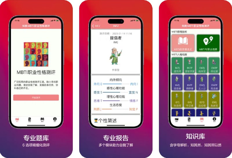 🧭 #应用限免 📂 软件名称：知我MBTI职业性格测评 - MBTI人格测评 🍏 支持平台：#iOS 11.0+ 📊 软件价格：内购限免 🪟 软件简介：一款心理测评应用，采用精细化的6选项专业题库，帮助用户增进自我了解、发掘自身优势