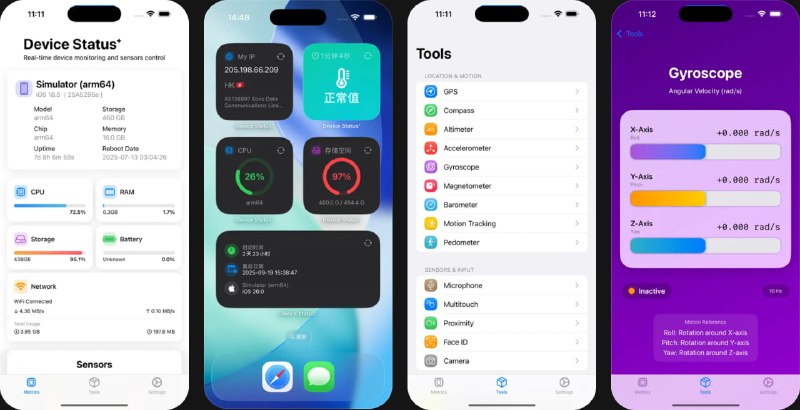 🧭 #应用限免 📂 软件名称：Device Status⁺ 🍏 支持平台：#iOS 17.0+ 📊 软件价格：内购限免 🪟 软件简介：一款设备状态监控查看管理APP，帮助您掌控应用对传感器的各种信息和参数