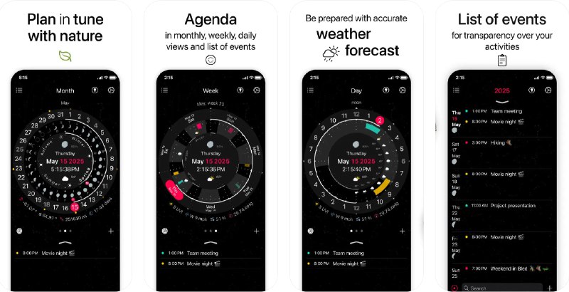 🧭 #应用限免 📂 软件名称：My Circadian app 🍏 支持平台：#iOS 16.0+ 📊 软件价格：内购限免 🪟 软件简介：一款融合自然节律和现代日历理念的圆形日历应用，用非线性的圆形视角，帮助您根据阳光、月相与天气等自然周期直观地安排生活和工作