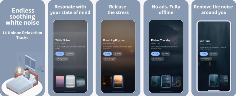 🧭 #应用限免 📂 软件名称：CalmLoop - White Noise & Focus 🍏 支持平台：#iOS 13.0+ 📊 软件价格：￥8.00 -> ¥0.00 🪟 软件简介：一款放松应用，包含14种精心制作的氛围声音，提供白噪音、棕噪音、粉红噪音、森林雨声、雷暴、海浪等多种环境音效，支持后台播放和锁屏控制，内置智能睡眠定时器和柔和的夜灯功能，帮助您快速进入梦乡
