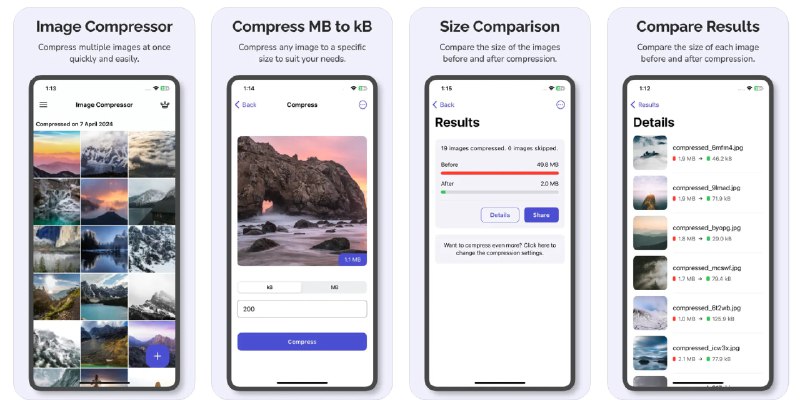 🧭 #应用限免 📂 软件名称：Image Compressor: MB to kB 🍏 支持平台：#iOS 16.0+ 📊 软件价格：内购限免 🪟 软件简介：一款图像压缩应用，允许快速轻松地压缩多个 JPG 和 PNG 图像