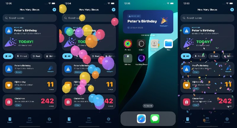 🧭 #应用限免 📂 软件名称：How Many Sleeps: Countdown  🍏 支持平台：#iOS 18.2+ 📊 软件价格：内购限免 🪟 软件简介：一款以「睡眠次数」为单位的倒计时应用，用更生动的方式期待生日、假期、旅行等重要时刻