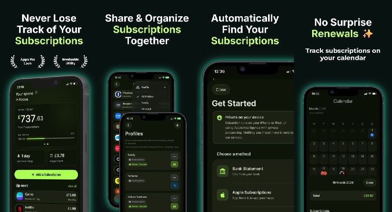 🧭 #应用限免 📂 软件名称：Subio - Subscription Organizer 🍏 支持平台：#iOS 17.0+ 📊 软件价格：内购限免 🪟 软件简介：一款订阅管理工具，帮助您集中追踪所有订阅服务的续费日期、扣款时间和支出明细，支持多档案分类（个人/商务/共享）、邮件和账单自动检测订阅、多币种管理、智能提醒等功能