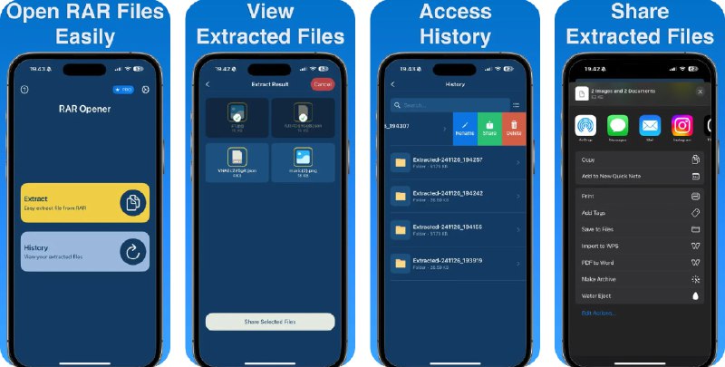 🧭 #应用限免 📂 软件名称：RAR Opener 🍏 支持平台：#iOS 16.0+ 📊 软件价格：内购限免 🪟 软件简介：一款RAR文件解压工具，可快速打开和提取RAR文件内容，支持单个文件或整个文件夹的提取操作，提供历史记录查看，访问最近打开的文件，帮助您快速处理iOS设备无法直接处理的文件