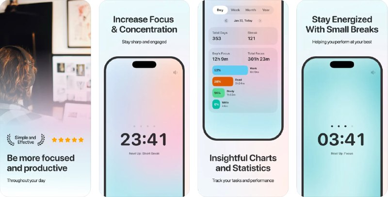 🧭 #应用限免 📂 软件名称：Pomodoro Timer | Stay Focused 🍏 支持平台：#iOS 17.0+ 📊 软件价格：内购限免（若无限免重启应用） 🪟 软件简介：一款专注于提高生产力和专注力的应用，帮助您有效管理时间，无论是在工作、学习还是完成待办事项都能最大化利用时间