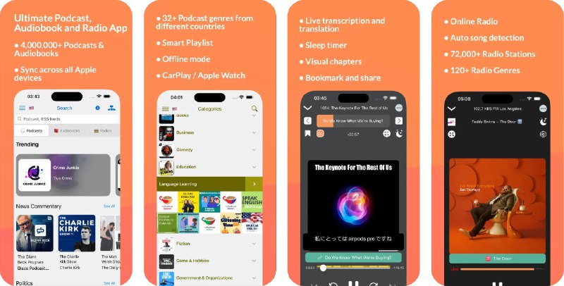 🧭 #应用限免 📂 软件名称：Podcast App - PlaydioCast 🍏 支持平台：#iOS 13.0+ 📊 软件价格：美区内购限免 🪟 软件简介：一款音频娱乐应用，集成了播客、电子书、在线电台节目的发现与播放，并支持个性化的听音体验