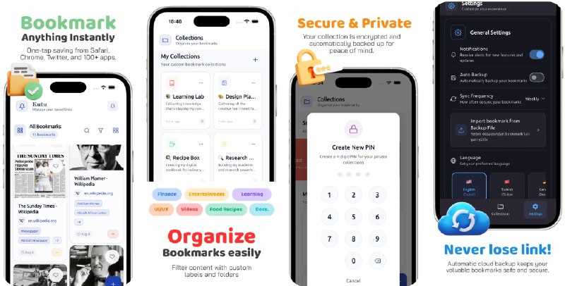 🧭 #应用限免 📂 软件名称：Kutu: Bookmark Manager 🍏 支持平台：#iOS 14.0+ 📊 软件价格：内购限免 🪟 软件简介：一款高效的书签管理与链接保存工具，支持快速保存网页、收藏链接