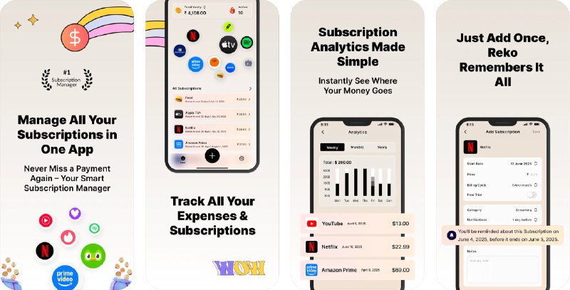 🧭 #应用限免 📂 软件名称：Subscription Manager - Reko 🍏 支持平台：#iOS 14.0+ 📊 软件价格：内购限免（若显示原价可尝试重启应用） 🪟 软件简介：一款订阅管理工具，帮助你统一管理所有订阅服务，无论是 Netflix、Spotify、健身房会员还是应用试用，都能一览无余
