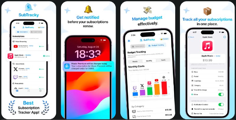 🧭 #应用限免 📂 软件名称：Subscription Tracker Subtracky 🍏 支持平台：#iOS 16.0+ 📊 软件价格：内购限免 🪟 软件简介：一个订阅跟踪器，帮助您管理定期付款以及各种订阅服务，应用提供提醒通知、预算跟踪及消费洞察图表，让您可以了解钱都花在哪了