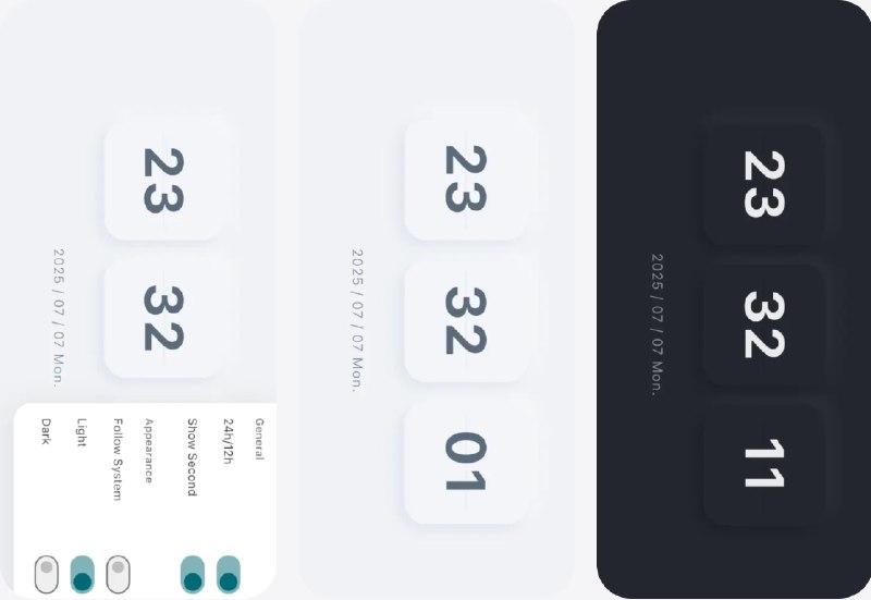 🧭 #应用限免 📂 软件名称：iFlipClock Pro: Desk Clock 🍏 支持平台：#iOS 12.0+ 📊 软件价格：￥3.00 -> ¥0.00 🪟 软件简介：一款现代复古风格的数字时钟应用，拥有逼真的翻页动画，支持明暗主题切换，大字体易读显示，内置专注模式，适合工作和番茄钟计时需求