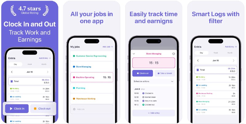 🧭 #应用限免 📂 软件名称：Clock In and Out Hours Tracker 🍏 支持平台：#iOS 12.0+ 📊 软件价格：内购限免（设置—Apply Promocode—输入“AppAdvice”） 🪟 软件简介：一款专为自由职业者、员工及任何需要记录工作时间的人设计的应用