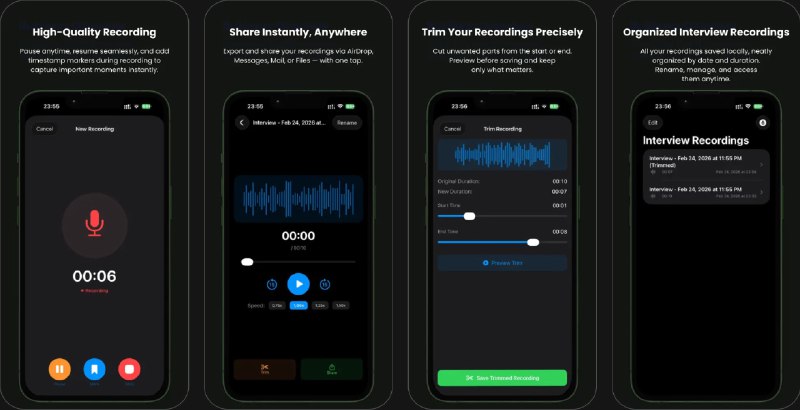🧭 #应用限免 📂 软件名称：Interview Rec 🍏 支持平台：#iOS 26.2+ 📊 软件价格：￥8.00 -> ¥0.00 🪟 软件简介：一款面向采访、会议与语音笔记的简洁专业录音工具，支持高质量录音（AAC 48 kHz）、录制中暂停/继续、时间戳标记、裁剪并预览、倍速播放与快进快退，以及重命名整理等