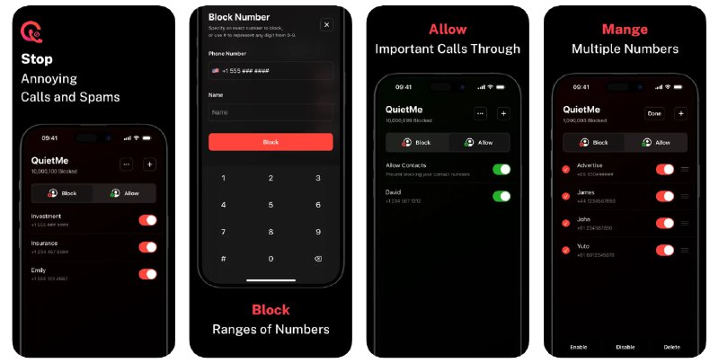 🧭 #应用限免 📂 软件名称：QuietMe - Call Blocker 🍏 支持平台：#iOS 17.0+ 📊 软件价格：¥8.00 -> ¥0.00 🪟 软件简介：一款来电管理应用，您可以设置阻止特定号码或某个号码范围，帮助您专注于与重要的人联系，减少受到各类广告推销的打扰