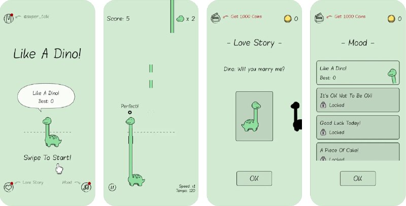 🧭 #优质应用 📂 软件名称：Like A Dino 🍏 支持平台：#iOS 11.0+ 📊 软件价格：免费 🪟 软件简介：一个好玩的单机游戏软件，它玩法简单，打开软件就知道怎么操作，需要手指移动小恐龙吃掉掉落的东西，非常适合解压放松，游戏与背景音乐结合的恰到好处，可以实现精准卡点，让你拥有出色的游戏体验