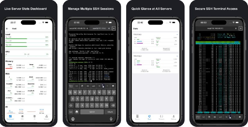 🧭 #应用限免 📂 软件名称：SSH Client Pro - Stats & Shell 🍏 支持平台：#iOS 13.0+ 📊 软件价格：$98.00 -> ¥0.00（外区限免） 🪟 软件简介：一款功能全面的 SSH 终端与服务器监控工具，适合开发者、系统管理员，支持实时服务器性能监控（CPU、内存、磁盘、网络等）、多服务器批量命令执行、SFTP 文件管理、SSH 多会话切换、SOCKS5 代理、跳板机、实时 Ping 监控等高级功能