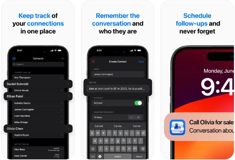 🧭 #应用限免 📂 软件名称：CRM Journal | Timely Contact 🍏 支持平台：#iOS 17.4+ 📊 软件价格：内购限免 🪟 软件简介：一款帮助您提升人际网络管理能力的应用，帮助您记录与熟人的上次联系时间，确保不会忘记重要的纪念日和生日，并提醒重新联系，您还可以为每个联系人附加文件和其他重要信息，确保所有联系资料集中在一个地方供您查阅