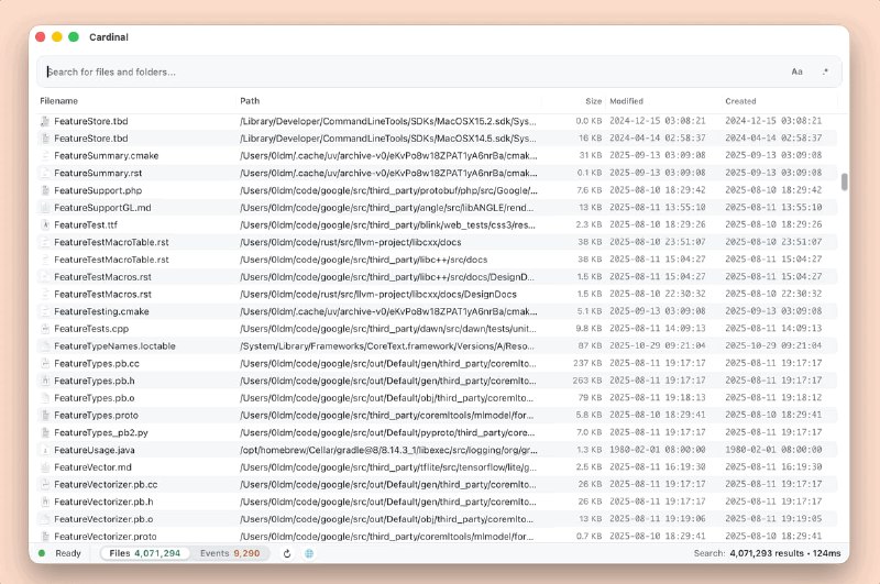 🧭 #优质应用 📂 软件名称：Cardinal 🍏 支持平台：#macOS  📊 软件价格：免费 🪟 软件简介：一款专为 macOS 设计的快速文件搜索工具，采用 Everything 兼容的语法层，结合经典子字符串/前缀技巧，提供高效、灵活的文件搜索体验