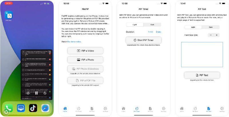 🧭 #应用限免 📂 软件名称：FilePiP: PDF, Timer, Photos 🍏 支持平台：#iOS 15.0+ 📊 软件价格：内购限免 🪟 软件简介：一款能够在 iPhone 上实现多任务操作的应用，它支持将文档、PDF、照片、视频以及计时器以画中画（Picture in Picture，简称PiP）模式显示，使您能够在使用其他应用时查看或操作这些内容，支持显示PDF文件、单张照片、视频以及计时器