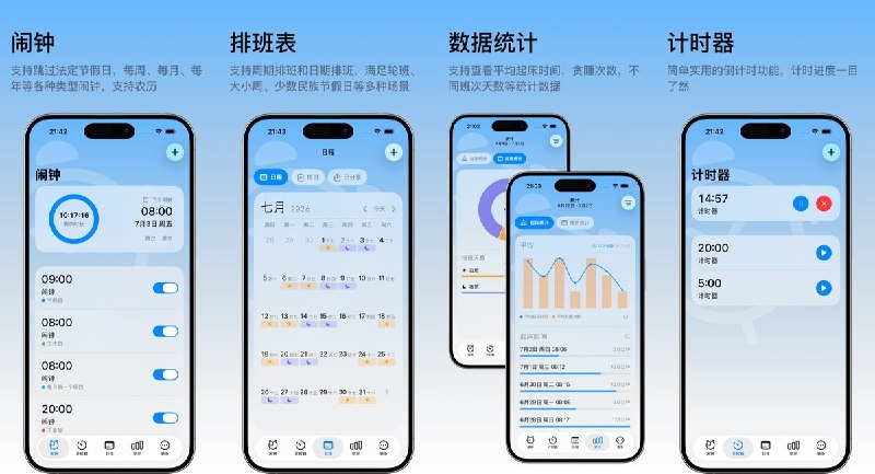 🧭 #应用限免 📂 软件名称：闹钟 Pro  🍏 支持平台：#iOS 26.0+ 📊 软件价格：内购限免 🪟 软件简介：专为排班、倒班、大小周等上班族打造的智能闹钟，支持排班表（可分享二维码协同导入）、周期轮班（大小周 / 做一休一）、节假日智能跳过、日出日落闹钟、每月 / 每年循环闹钟（含农历）、闹钟跳过及预览、用后即焚、桌面锁屏小组件、自定义铃声等功能