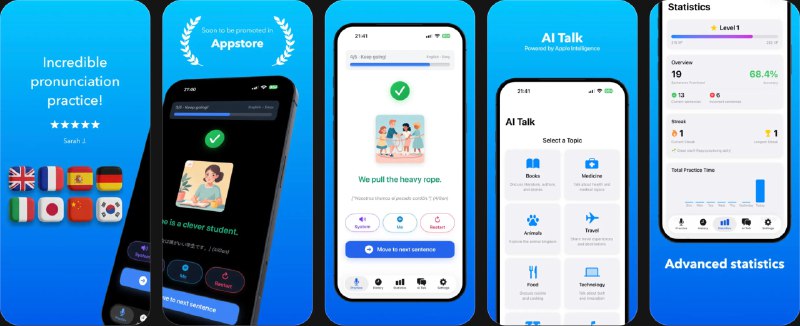 🧭 #应用限免 📂 软件名称：Articulate AI Pronunciation 🍏 支持平台：#iOS 17.4+ 📊 软件价格：内购限免 🪟 软件简介：一款AI发音训练与口音纠正应用，通过设备端的私密AI反馈练习发音、节奏和语调，支持英语、西班牙语、法语、德语、意大利语、韩语、中文、日语等多种语言的发音提升